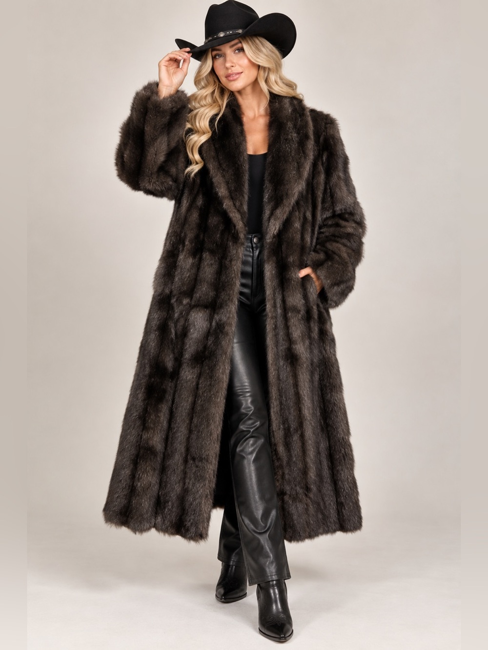 Vintage Olympia Limited Inc Faux Fur Full Length Coat Black Brown S USA